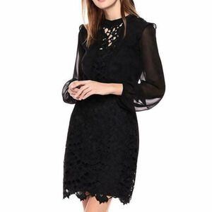 New Kensie Crepe Dress Women's M Black Lace Detail Sheer Sleeve Scalloped Hem